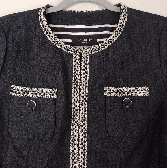 NWT Talbots Petite Tweed Fringe Denim Lined Patch Pockets Business Blazer Sz 8P - Picture 11 of 15